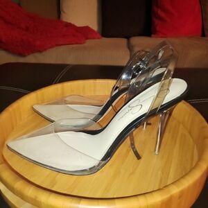 Jessica Simpson Clear Pointed Slingback Heels with White Insole